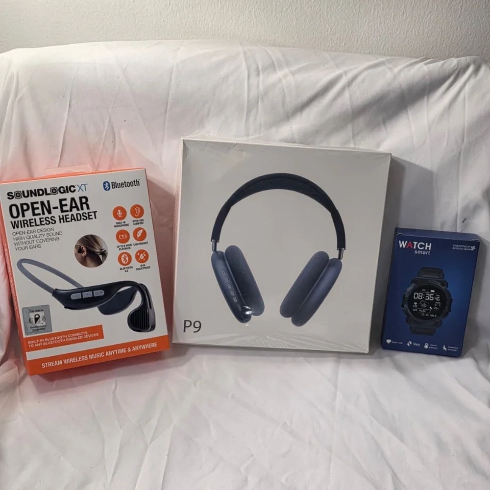 BUNDLE (Blue P9 Wireless Headphones + SoundLogic OpenEar + Green Smart Watch